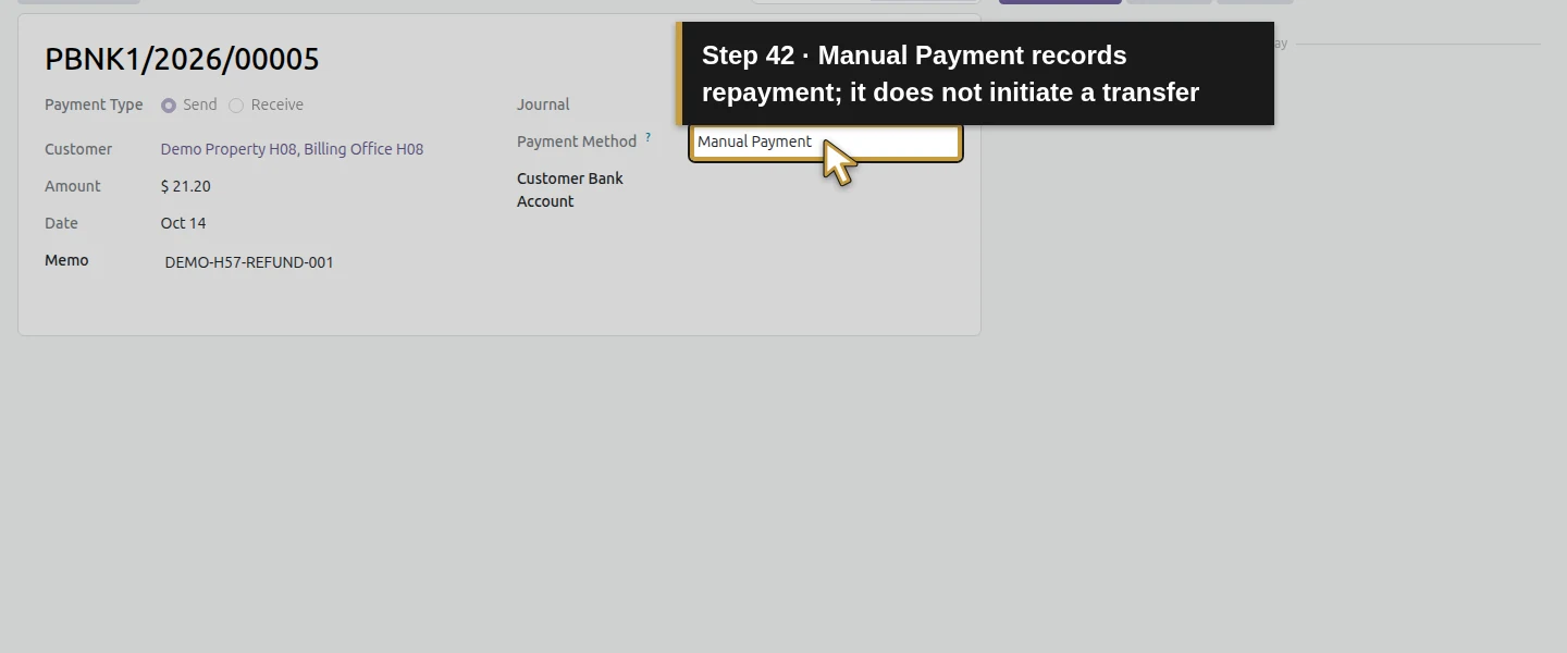 Action 42: Manual Payment records repayment; it does not initiate a transfer. The actual target is highlighted in gold.