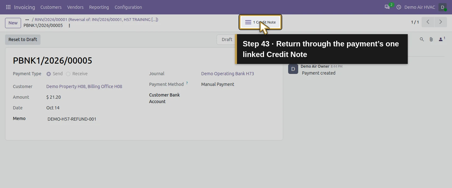 Action 43: Return through the payment’s one linked Credit Note. The actual target is highlighted in gold.