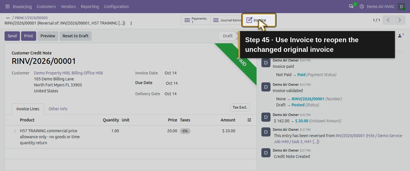 Action 45: Use Invoice to reopen the unchanged original invoice. The actual target is highlighted in gold.