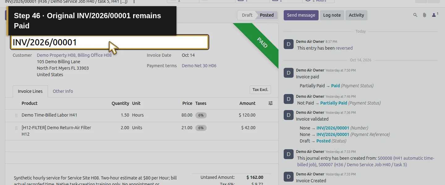 Action 46: Original INV/2026/00001 remains Paid. The actual target is highlighted in gold.
