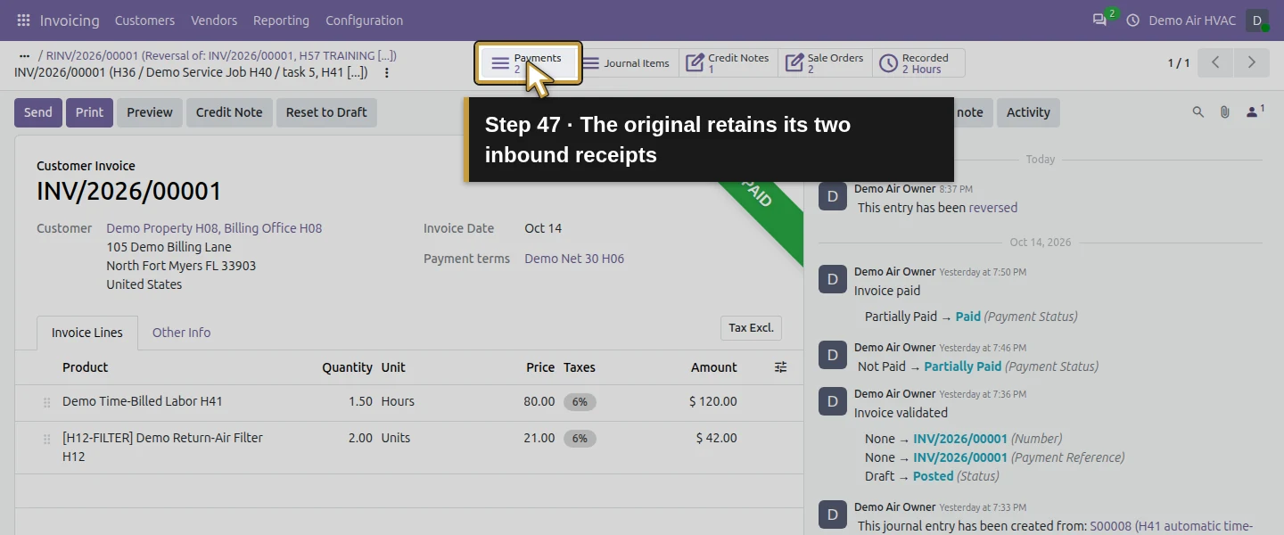 Action 47: The original retains its two inbound receipts. The actual target is highlighted in gold.