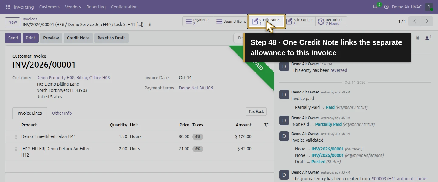 Action 48: One Credit Note links the separate allowance to this invoice. The actual target is highlighted in gold.