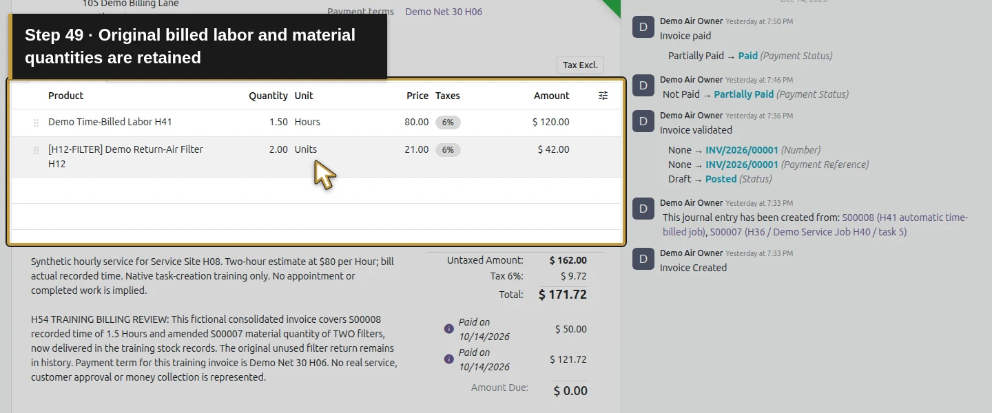 Action 49: Original billed labor and material quantities are retained. The actual target is highlighted in gold.