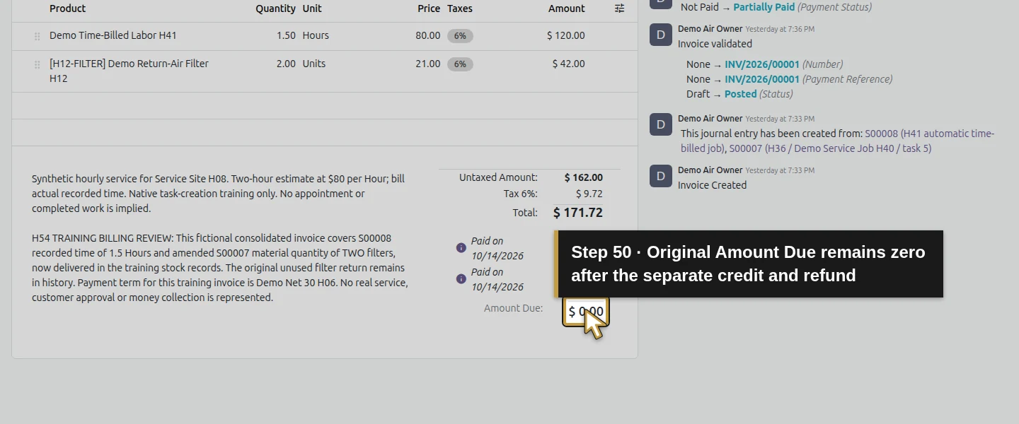 Action 50: Original Amount Due remains zero after the separate credit and refund. The actual target is highlighted in gold.