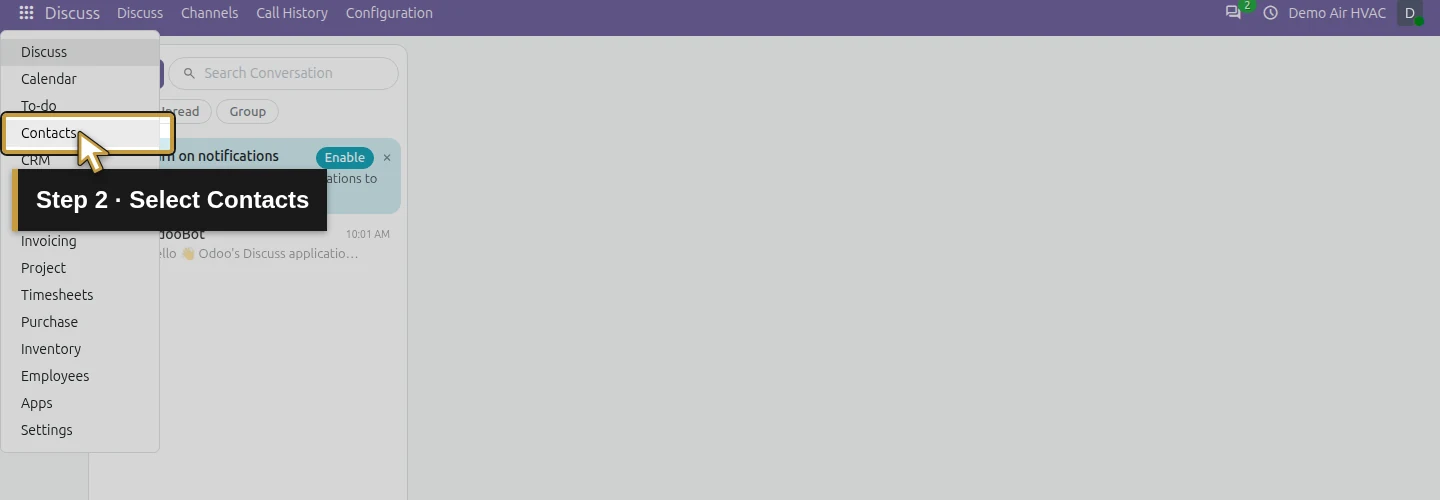 Step 2: Select Contacts. The actual Odoo control is highlighted in gold.