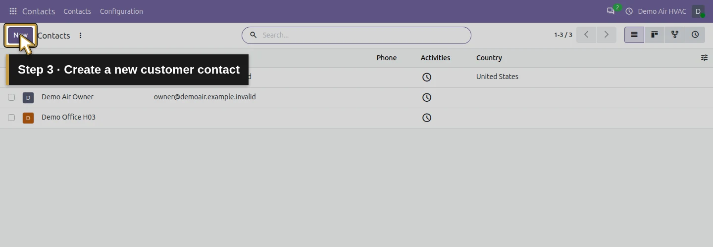 Step 3: Create a new customer contact. The actual Odoo control is highlighted in gold.