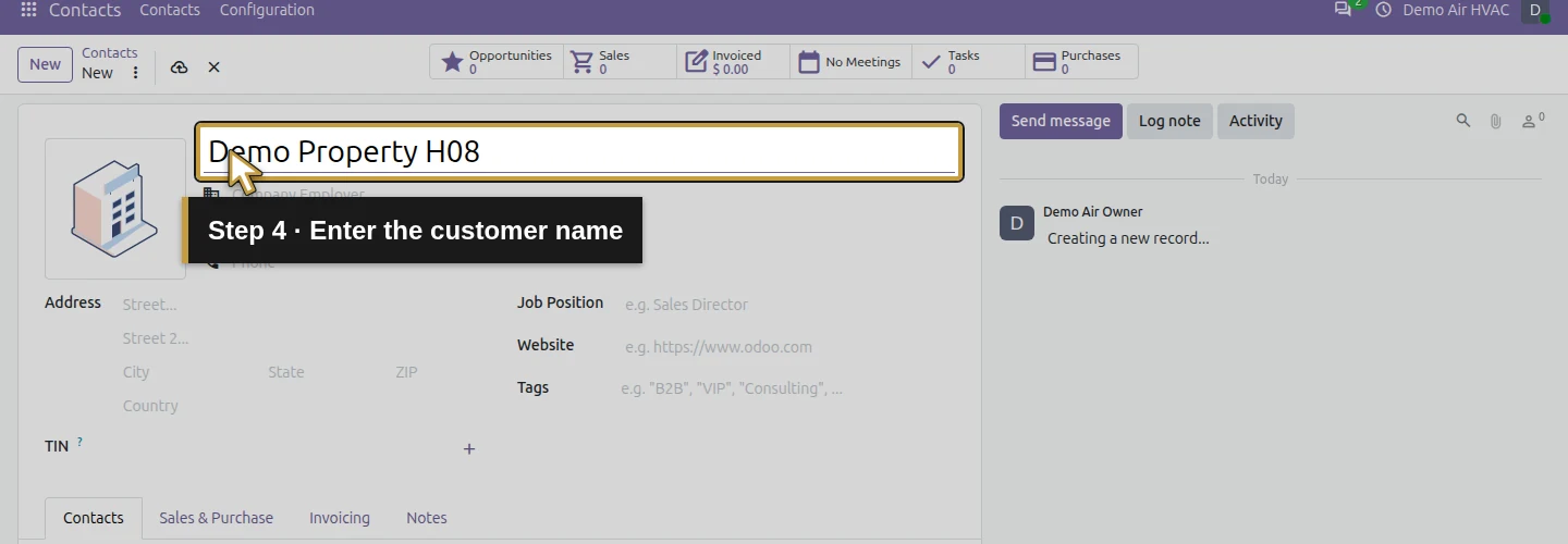 Step 4: Enter the customer name. The actual Odoo control is highlighted in gold.