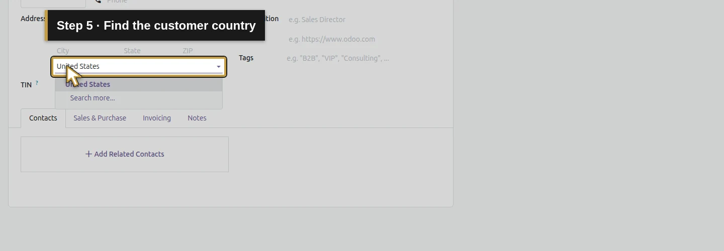 Step 5: Find the customer country. The actual Odoo control is highlighted in gold.