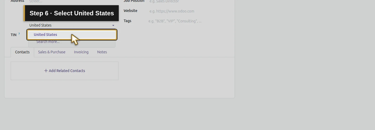 Step 6: Select United States. The actual Odoo control is highlighted in gold.