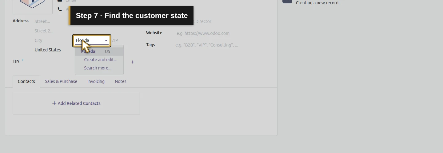 Step 7: Find the customer state. The actual Odoo control is highlighted in gold.