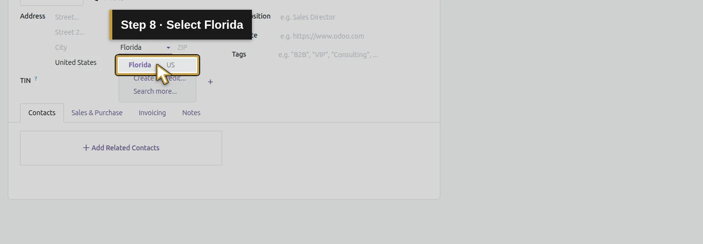 Step 8: Select Florida. The actual Odoo control is highlighted in gold.