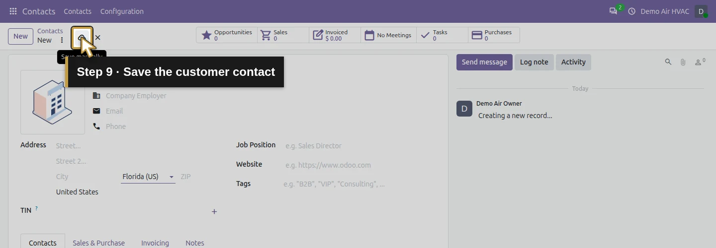 Step 9: Save the customer contact. The actual Odoo control is highlighted in gold.