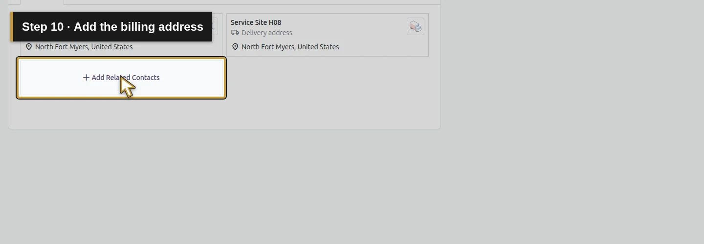 Step 10: Add the billing address. The actual Odoo control is highlighted in gold.