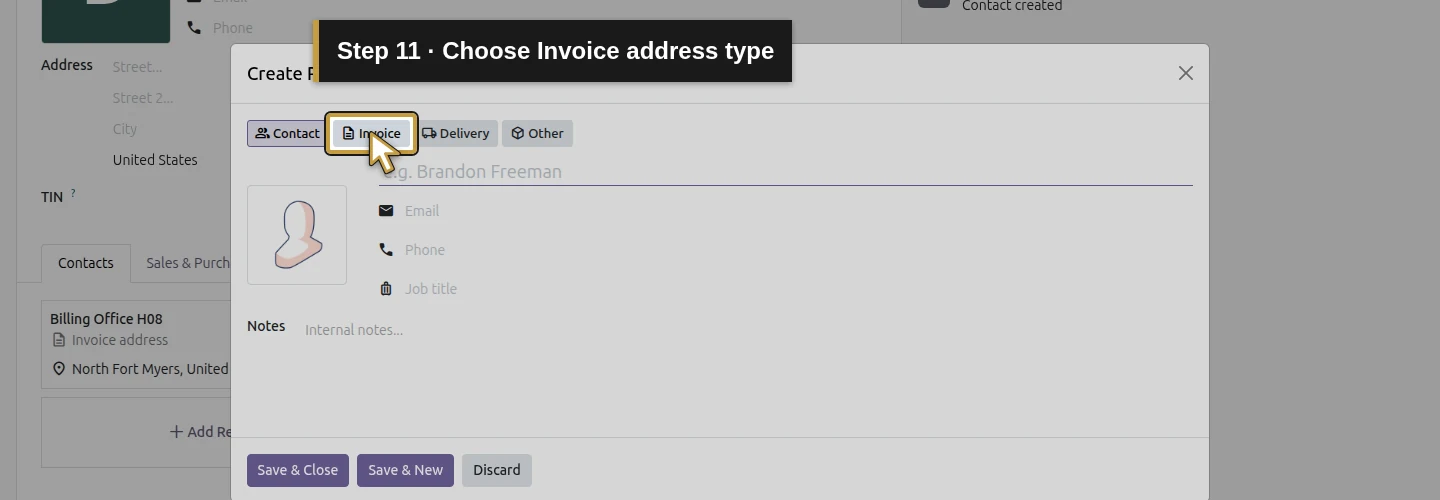 Step 11: Choose Invoice address type. The actual Odoo control is highlighted in gold.