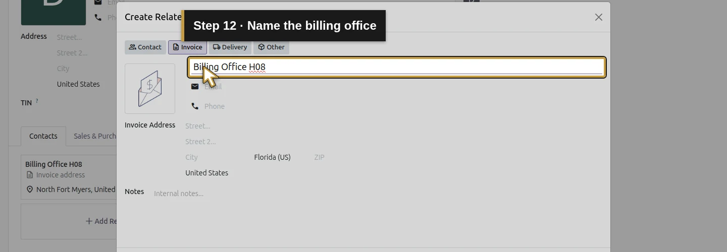Step 12: Name the billing office. The actual Odoo control is highlighted in gold.