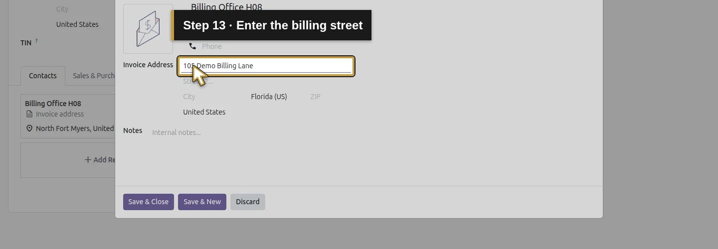Step 13: Enter the billing street. The actual Odoo control is highlighted in gold.