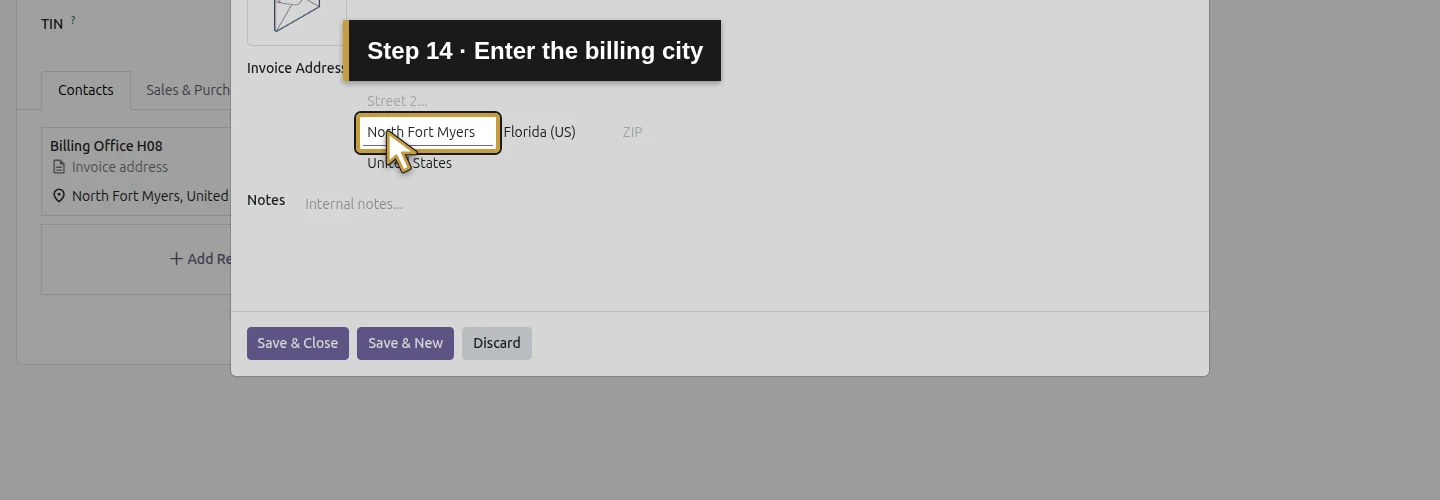 Step 14: Enter the billing city. The actual Odoo control is highlighted in gold.