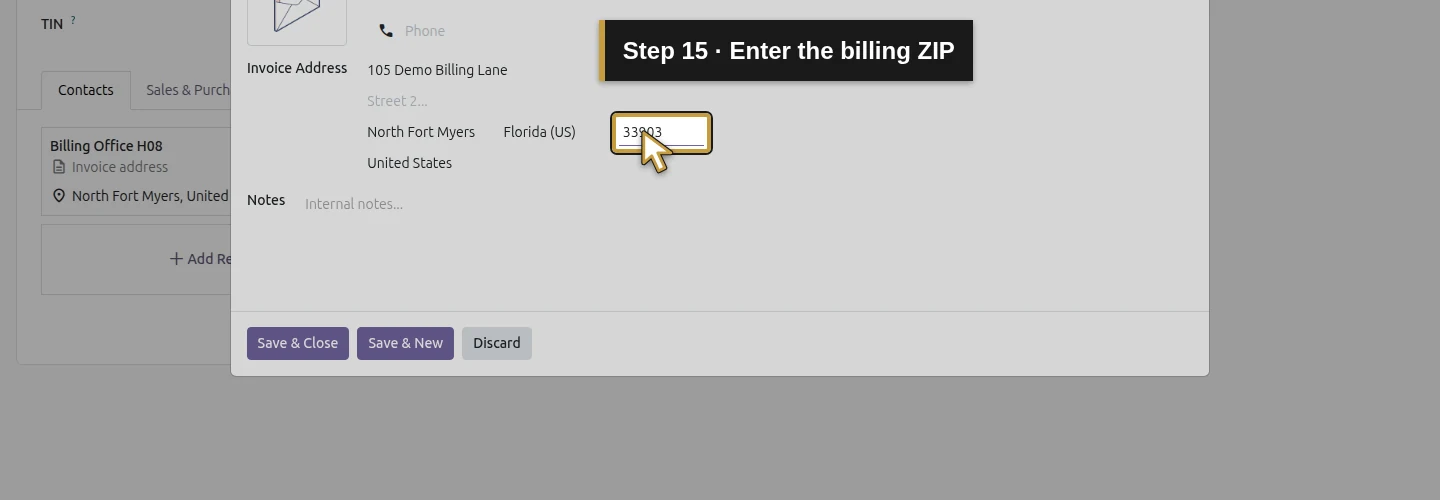 Step 15: Enter the billing ZIP. The actual Odoo control is highlighted in gold.