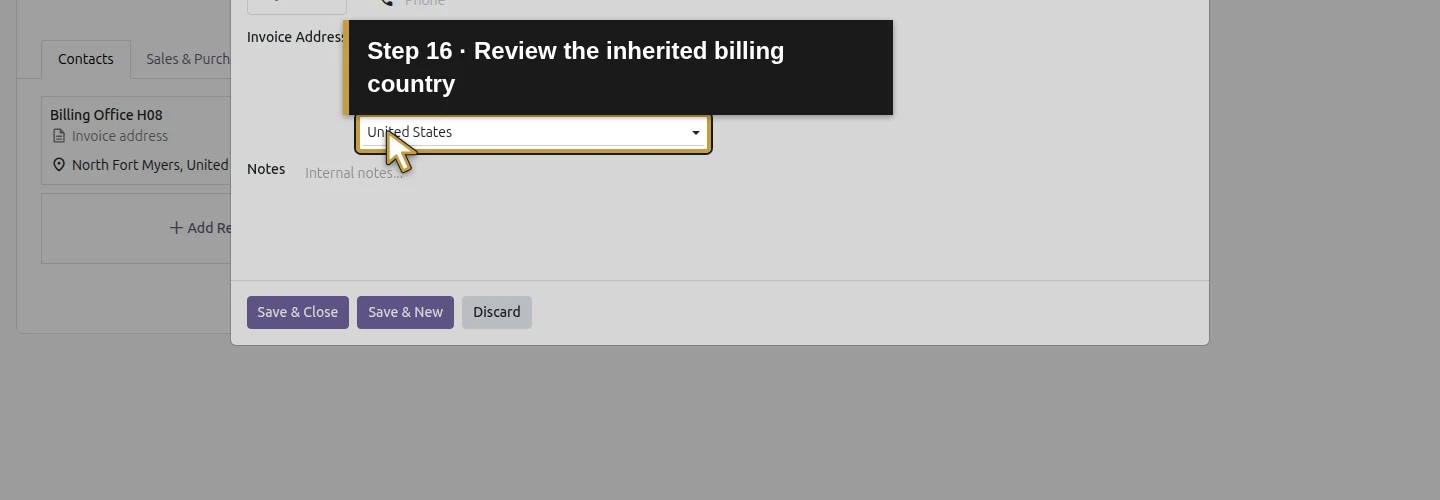 Step 16: Review the inherited billing country. The actual Odoo control is highlighted in gold.