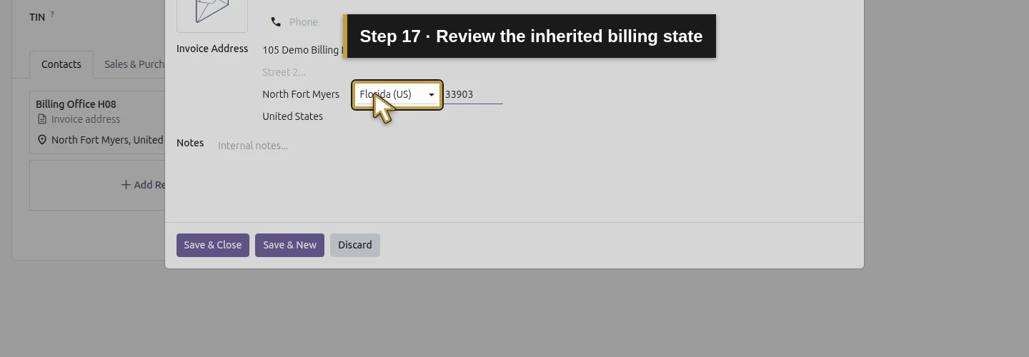 Step 17: Review the inherited billing state. The actual Odoo control is highlighted in gold.