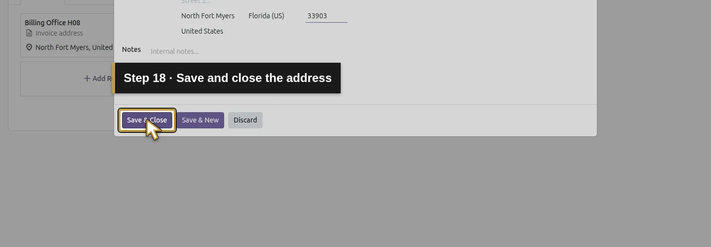 Step 18: Save and close the billing address. The actual Odoo control is highlighted in gold.