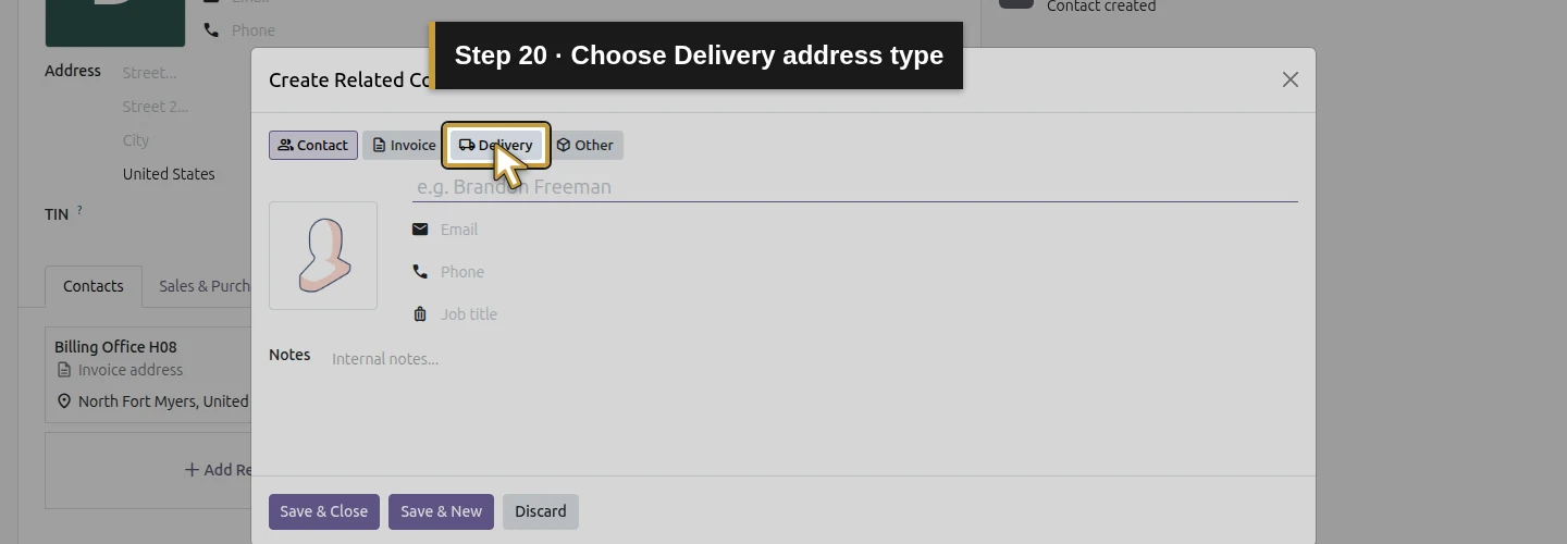 Step 20: Choose Delivery address type. The actual Odoo control is highlighted in gold.