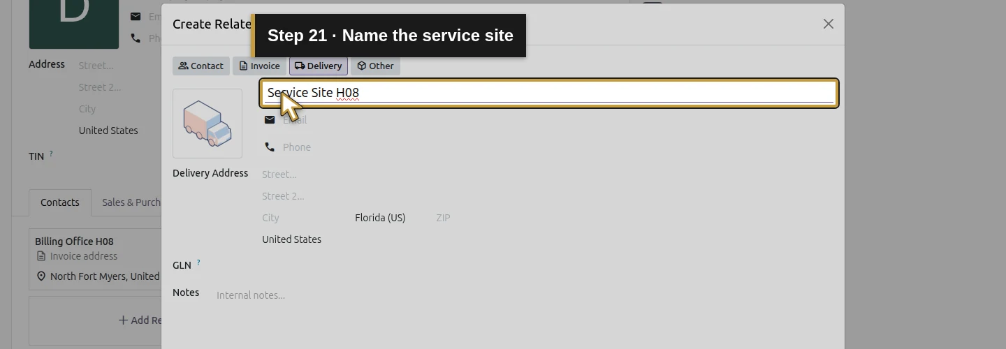 Step 21: Name the service site. The actual Odoo control is highlighted in gold.