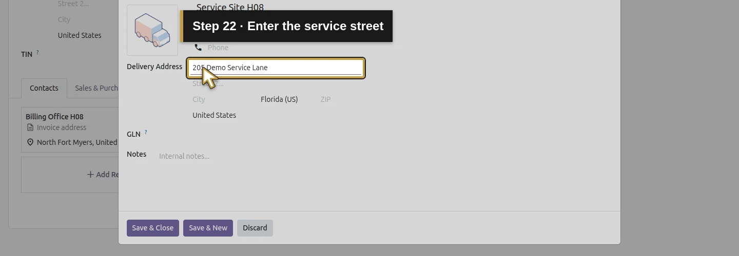 Step 22: Enter the service street. The actual Odoo control is highlighted in gold.
