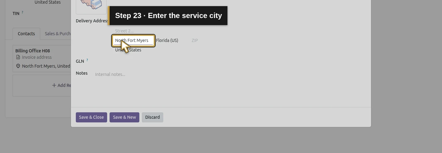 Step 23: Enter the service city. The actual Odoo control is highlighted in gold.