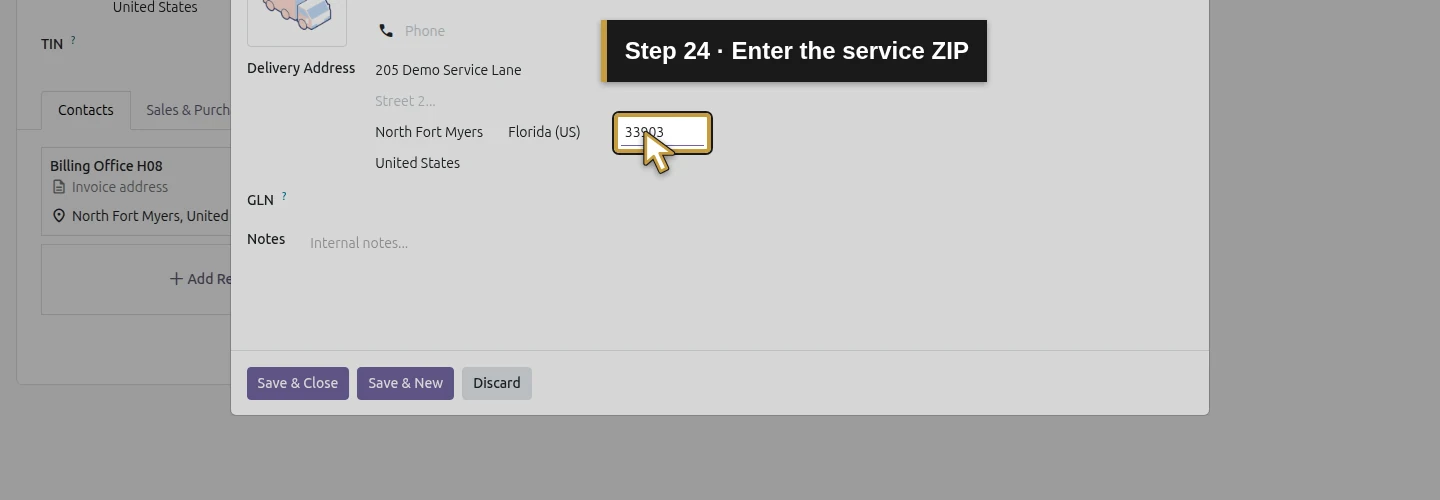 Step 24: Enter the service ZIP. The actual Odoo control is highlighted in gold.