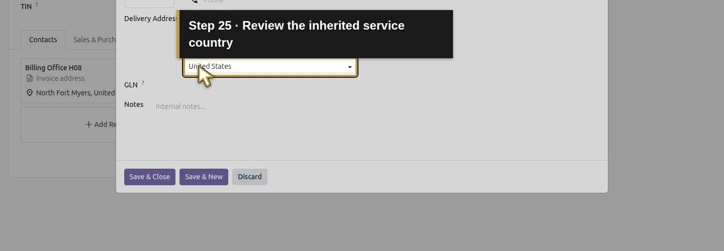 Step 25: Review the inherited service country. The actual Odoo control is highlighted in gold.
