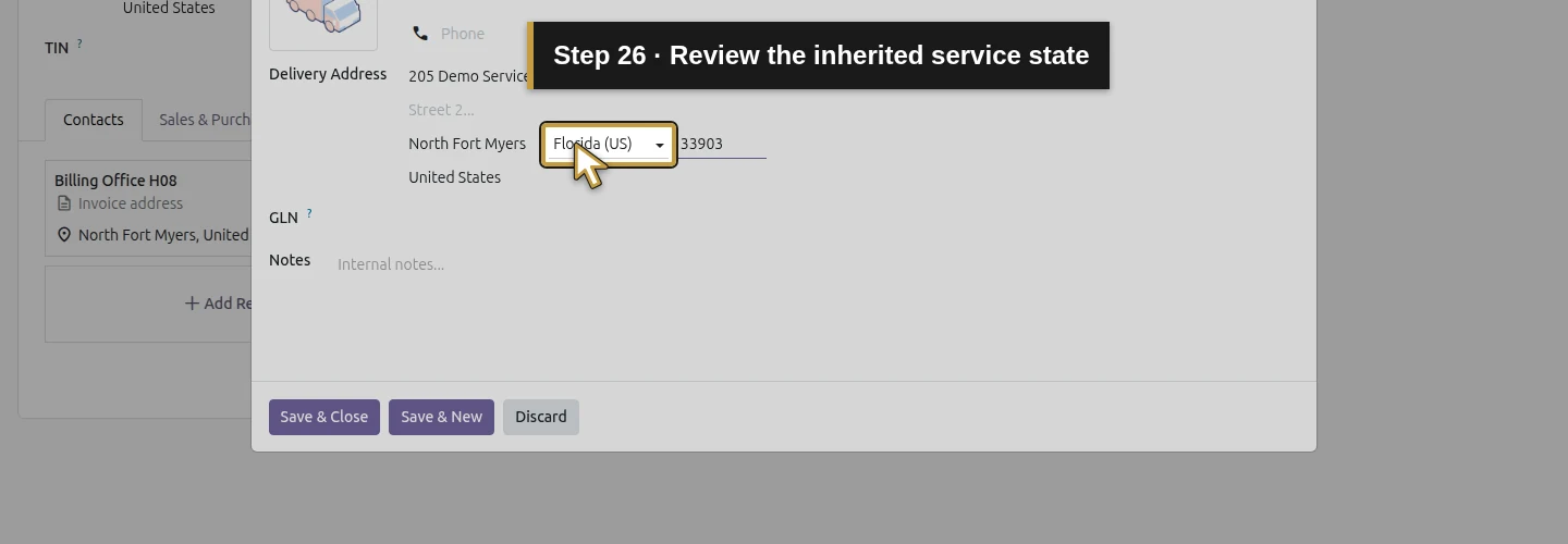 Step 26: Review the inherited service state. The actual Odoo control is highlighted in gold.