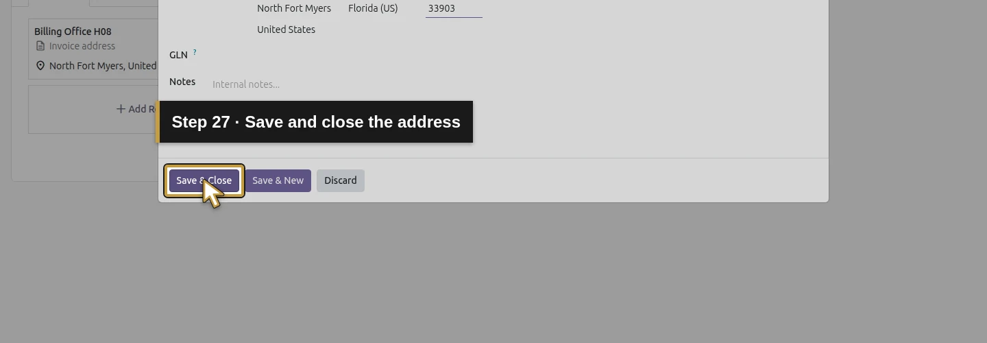 Step 27: Save and close the service address. The actual Odoo control is highlighted in gold.