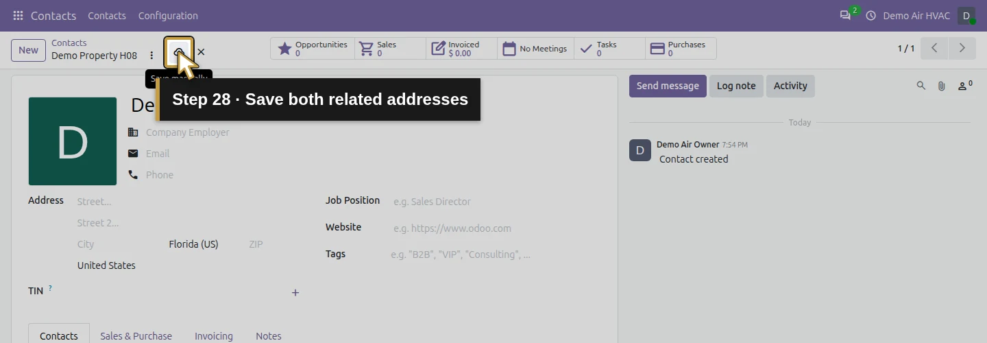 Step 28: Save both related addresses. The actual Odoo control is highlighted in gold.
