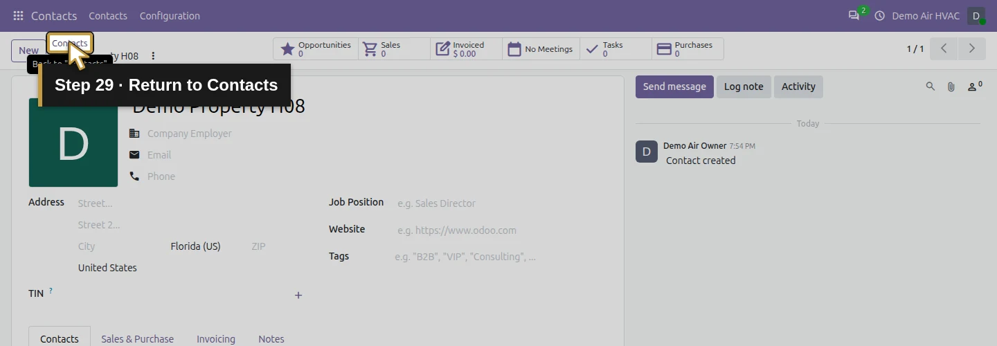 Step 29: Return to Contacts. The actual Odoo control is highlighted in gold.