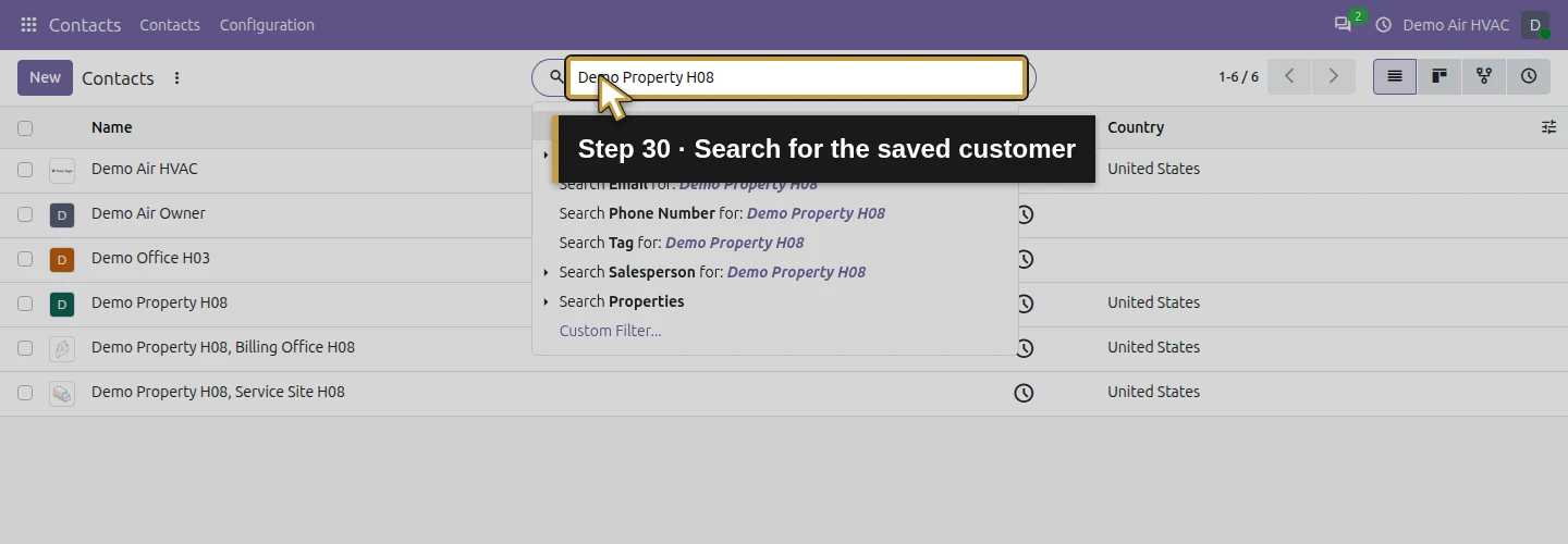 Step 30: Search for the saved customer. The actual Odoo control is highlighted in gold.