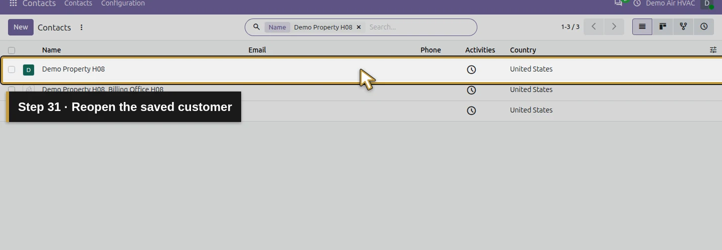 Step 31: Reopen the saved customer. The actual Odoo control is highlighted in gold.