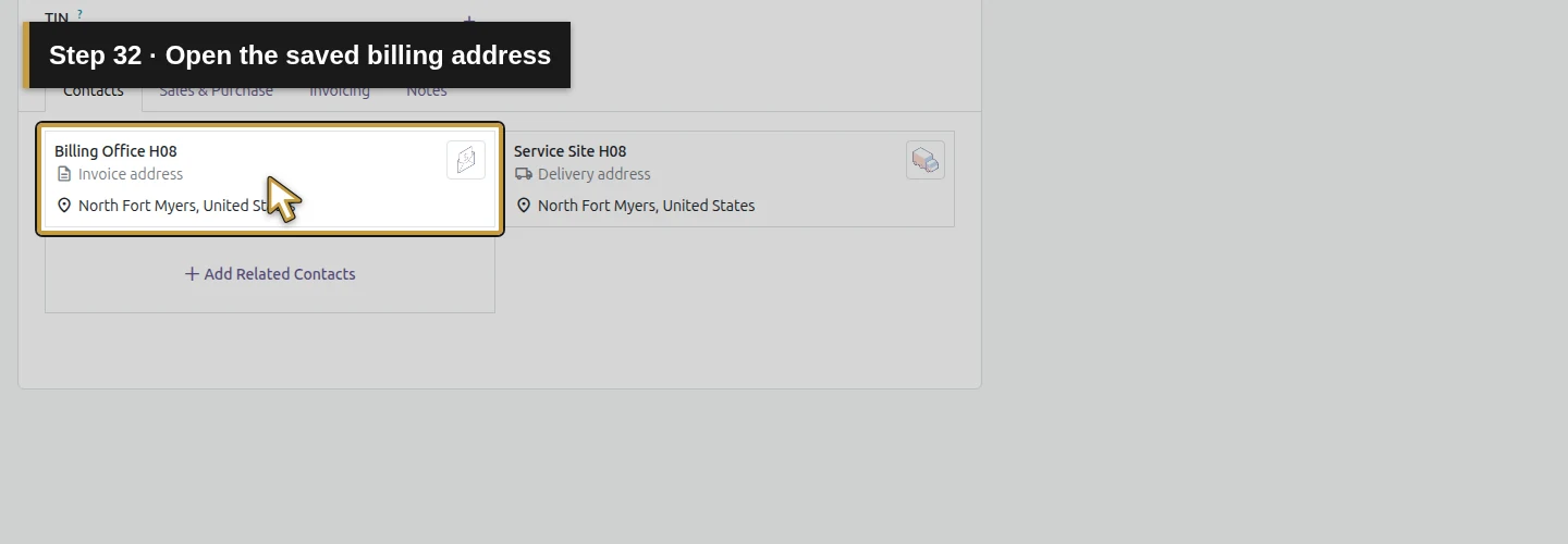 Step 32: Open the saved billing address. The actual Odoo control is highlighted in gold.