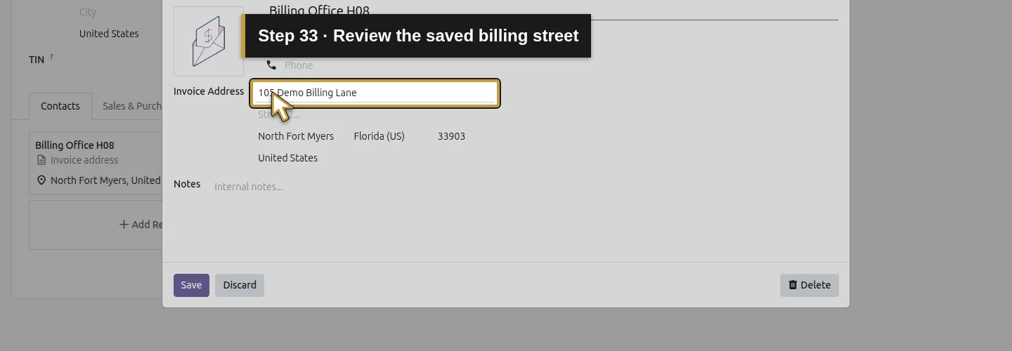 Step 33: Review the saved billing street. The actual Odoo control is highlighted in gold.