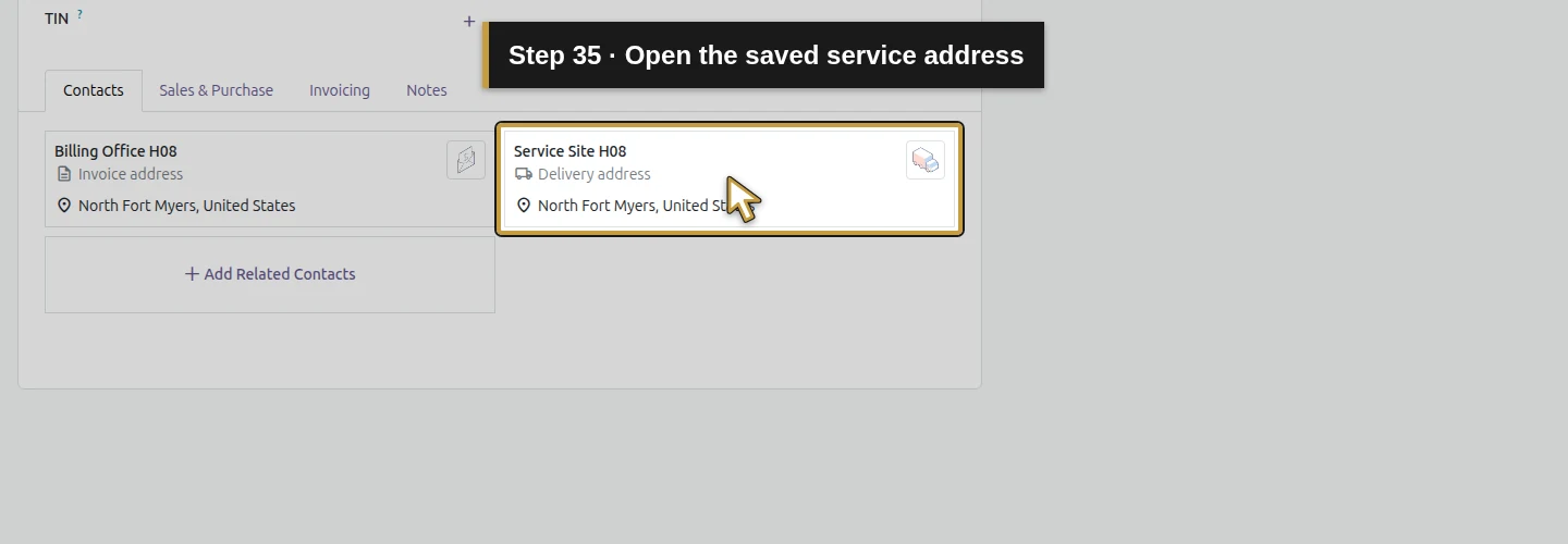 Step 35: Open the saved service address. The actual Odoo control is highlighted in gold.