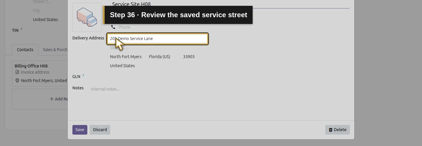 Step 36: Review the saved service street. The actual Odoo control is highlighted in gold.