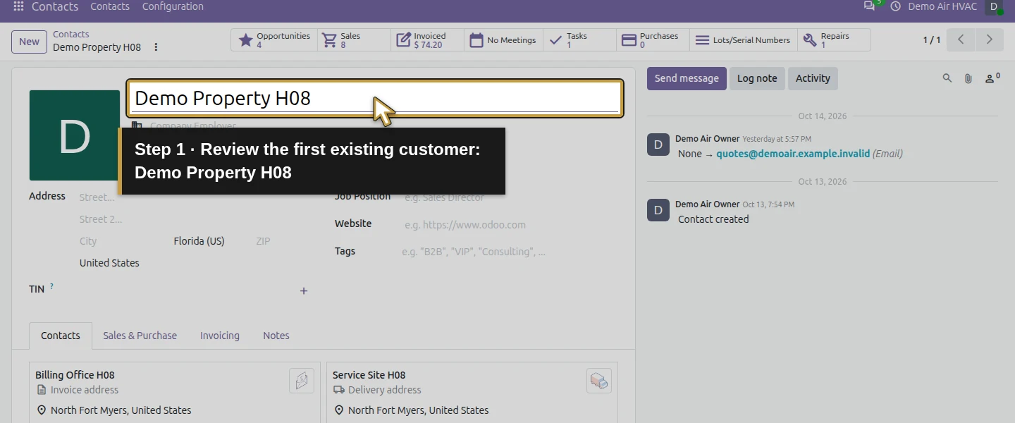 Action 1: Review the first existing customer: Demo Property H08. The actual target is highlighted in gold.