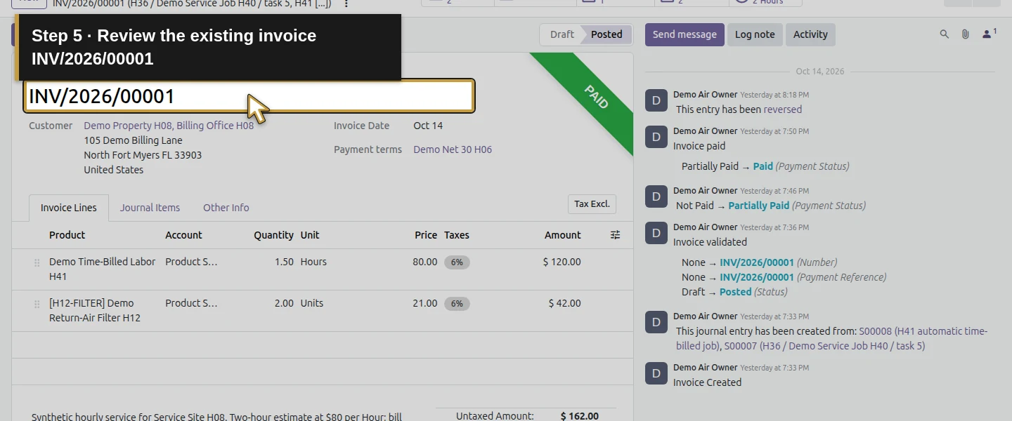 Action 5: Review the existing invoice INV/2026/00001. The actual target is highlighted in gold.