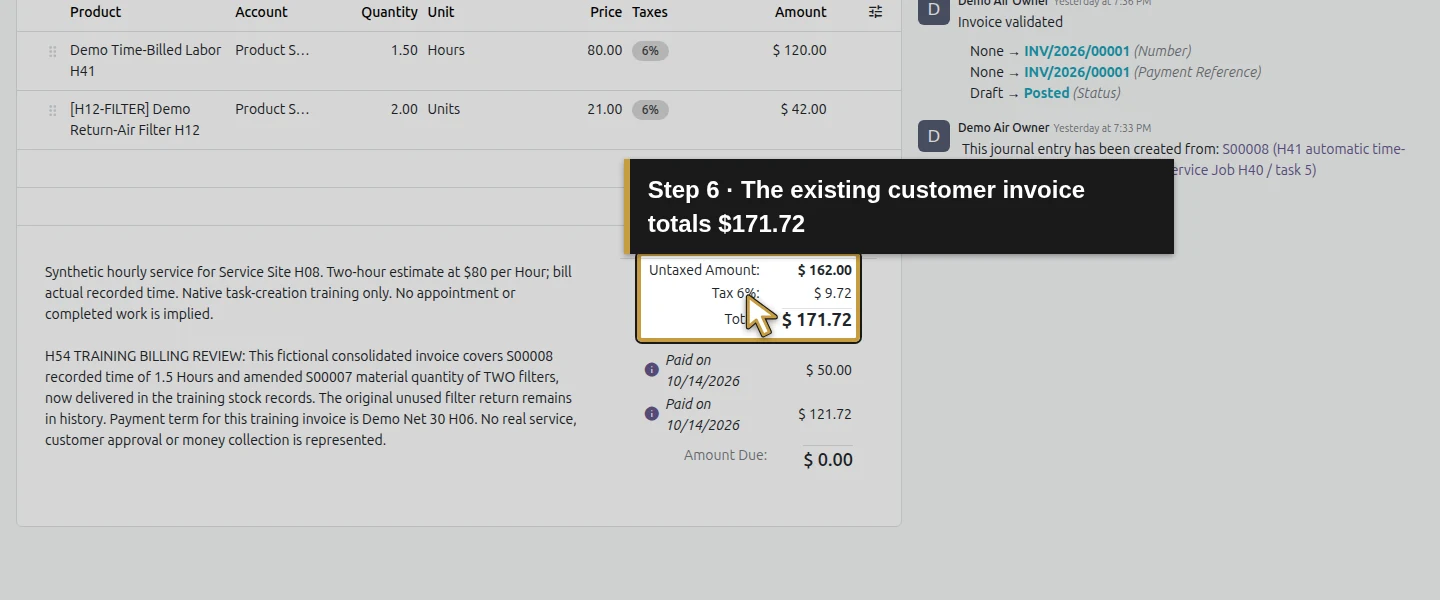 Action 6: The existing customer invoice totals $171.72. The actual target is highlighted in gold.