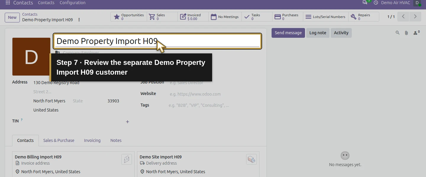 Action 7: Review the separate Demo Property Import H09 customer. The actual target is highlighted in gold.