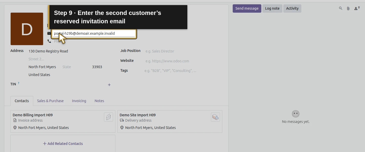 Action 9: Enter the second customer’s reserved invitation email. The actual target is highlighted in gold.