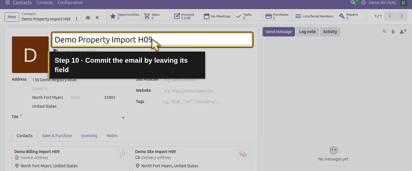 Action 10: Commit the email by leaving its field. The actual target is highlighted in gold.