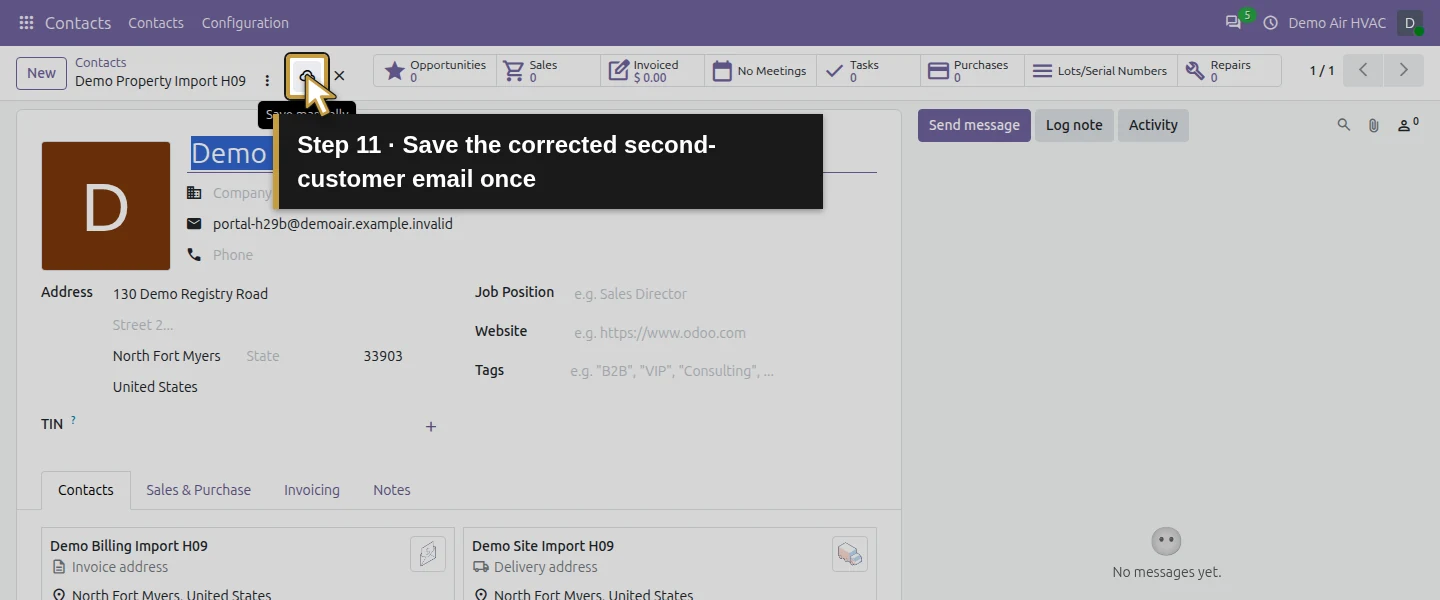 Action 11: Save the corrected second-customer email once. The actual target is highlighted in gold.