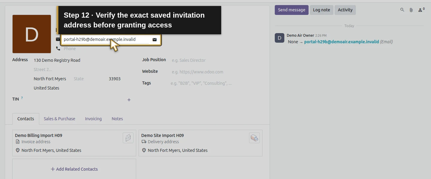 Action 12: Verify the exact saved invitation address before granting access. The actual target is highlighted in gold.