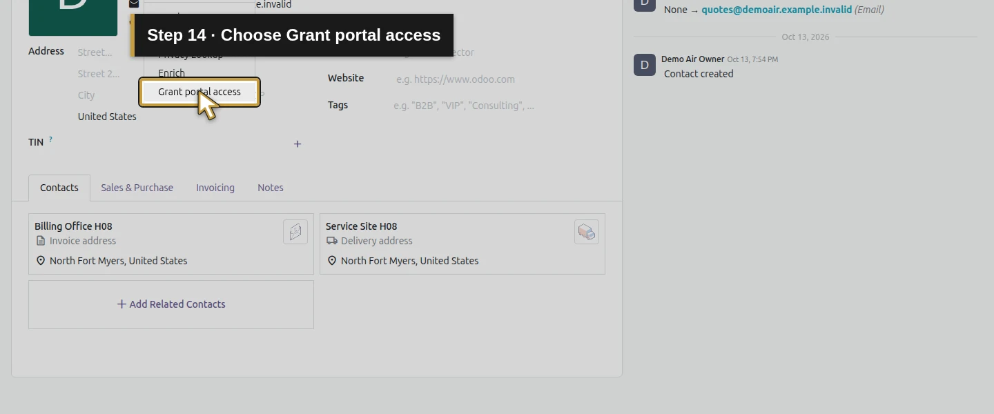 Action 14: Choose Grant portal access. The actual target is highlighted in gold.